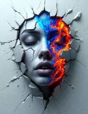The primary subject of the image is a woman's face, which is depicted in two different colors, blue and red. The setting is a wall with a lot of cracks, and the visual style appears to be a digital art or illustration. The colors and mood of the image are vibrant and dramatic, with the blue and red colors representing contrasting emotions or feelings.